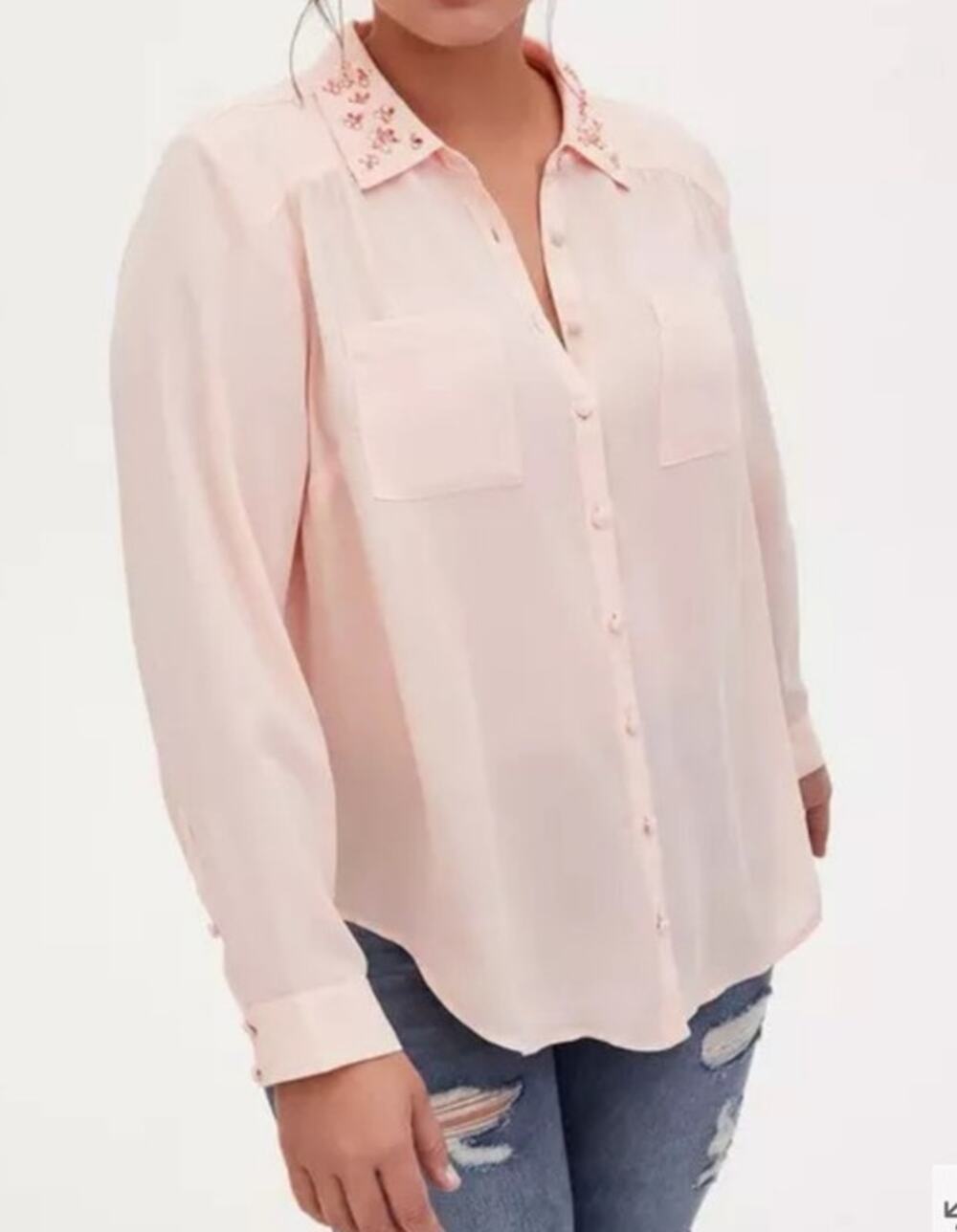 Torrid Madison - Light Pink Georgette Embellished Collar Button Front Blouse